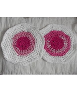 SET OF 2 HAND CROCHETED DISH CLOTHS PINK VARIGATED AND  WHITE WASH CLEAN - £6.32 GBP