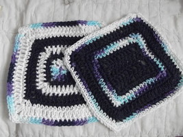SET OF 2 HAND CROCHETED DISH CLOTHS NAVY BLUE, MIXED BLUES &amp;  WHITE WASH... - £6.39 GBP