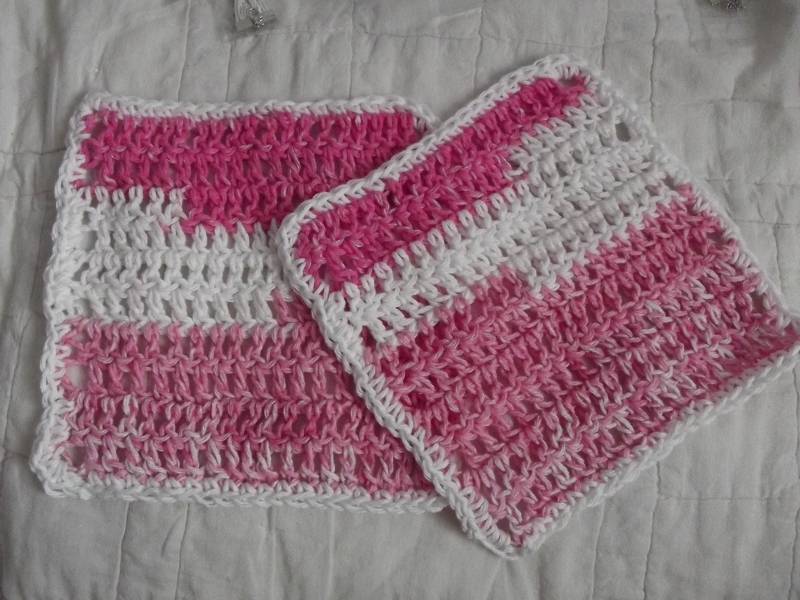SET OF 2 HAND CROCHETED DISH CLOTHS  MIXED PINKS &  WHITE WASH CLEAN - $8.00