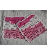 SET OF 2 HAND CROCHETED DISH CLOTHS  MIXED PINKS &amp;  WHITE WASH CLEAN - £6.29 GBP