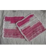 SET OF 2 HAND CROCHETED DISH CLOTHS  MIXED PINKS &amp;  WHITE WASH CLEAN - $10.97 CAD