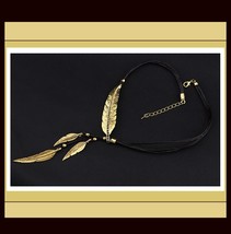 Vintage Antique Silver or Antique Gold Plate Feather 19.5&quot; Leather Necklace - £34.25 GBP
