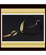 Vintage Antique Silver or Antique Gold Plate Feather 19.5&quot; Leather Necklace - £34.43 GBP
