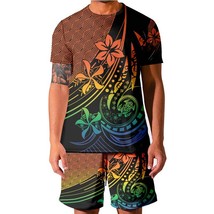 Summer Fashion Tahiti Polynesia Men Sets Streetwear Printed Lapel Short Sleeve S - £76.81 GBP