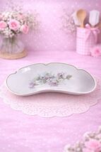Antique Bone Crescent Salad Sauce Side Dish Bone Plate USA Pink Blossoms... - $9.49