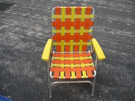Vintage Orange/Yellow Vinyl Plastic Aluminum Folding Lawn Beach Chair - £38.83 GBP