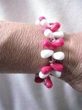 Stretch Bracelet Dark Pink White Acrylic Silver Accents Scrap Ditty Upcycled - £5.16 GBP