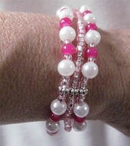 Triple Strung Stretch Bracelet Pink White Silver Accents Scrap Ditty Upcycled - $7.14