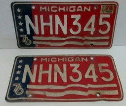 1976 MICHIGAN LICENSE PAIR PLATES MATCHED SET NHN345 FLAG BICENTENNIAL R... - £22.32 GBP