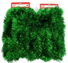Green Tinsel Garland 15 ft Each Flame Retardant Set of 2 Very Fluffy NEW - £10.95 GBP