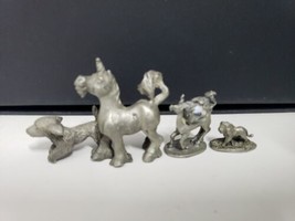 Lot of 4 Vintage Pewter Miniature Figures - Dog, Puppy, Unicorn, Lion - $12.87