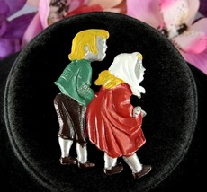 Cute ELDERLY Old COUPLE Pin Vintage Brooch Enamel Silvertone Handpainted 2 1/8&quot; - £25.49 GBP