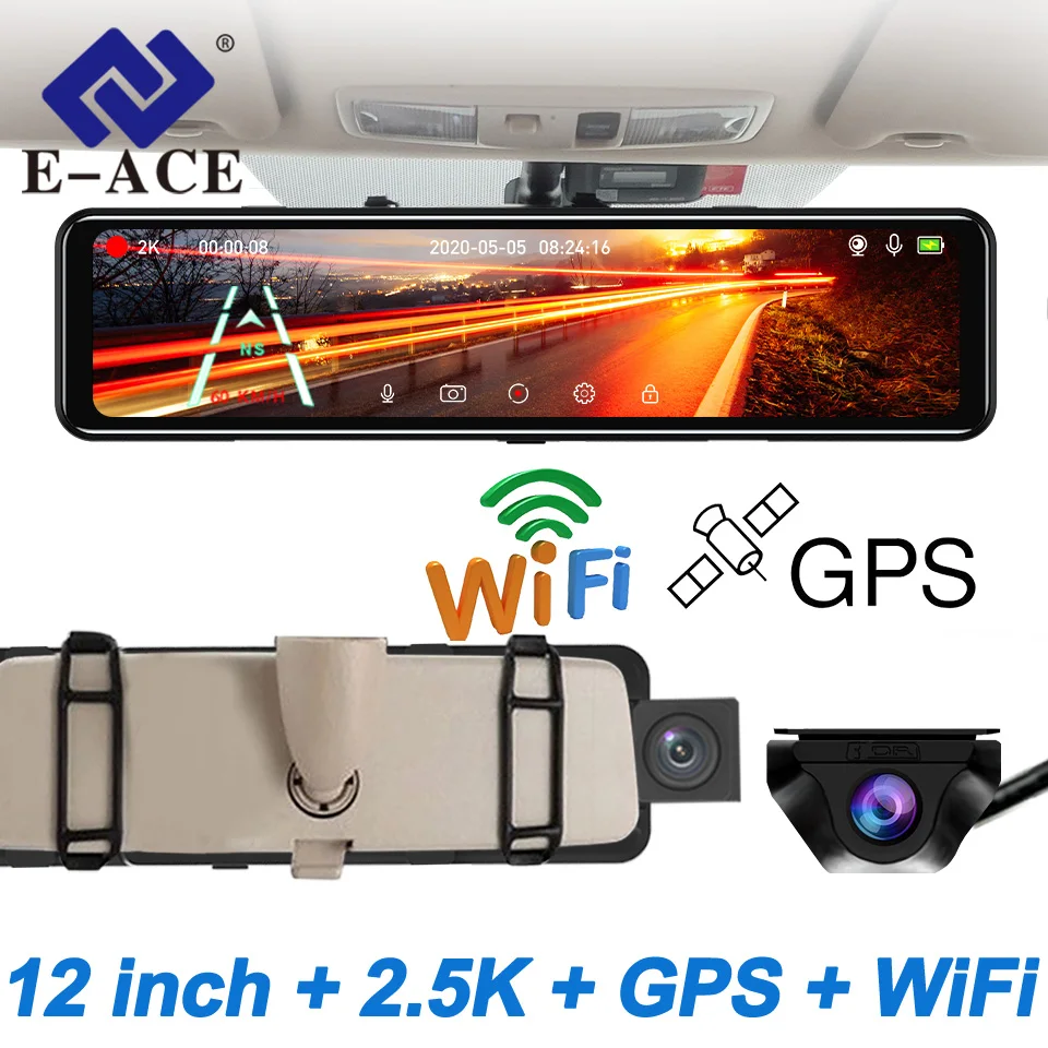 E-ACE 12 Inch 2.5K Car Dvr Rearview Mirror With Camera WIFI GPS Dash Cam Drive - £81.13 GBP+