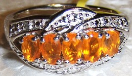 Mexican Fire Opal Oval & Diamond 5 Stone Band Ring, Silver, Size 6, 0.74(Tcw) - £59.73 GBP
