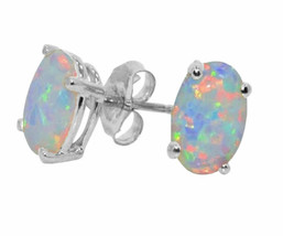 8x6mm Oval Stud Earrings Simulated Opal 14K White Gold Plated Silver Summer Sale - £98.84 GBP