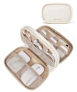 Electronics Gadget Cord Organizer Travel Case Double Layer Beige Mesh Pockets