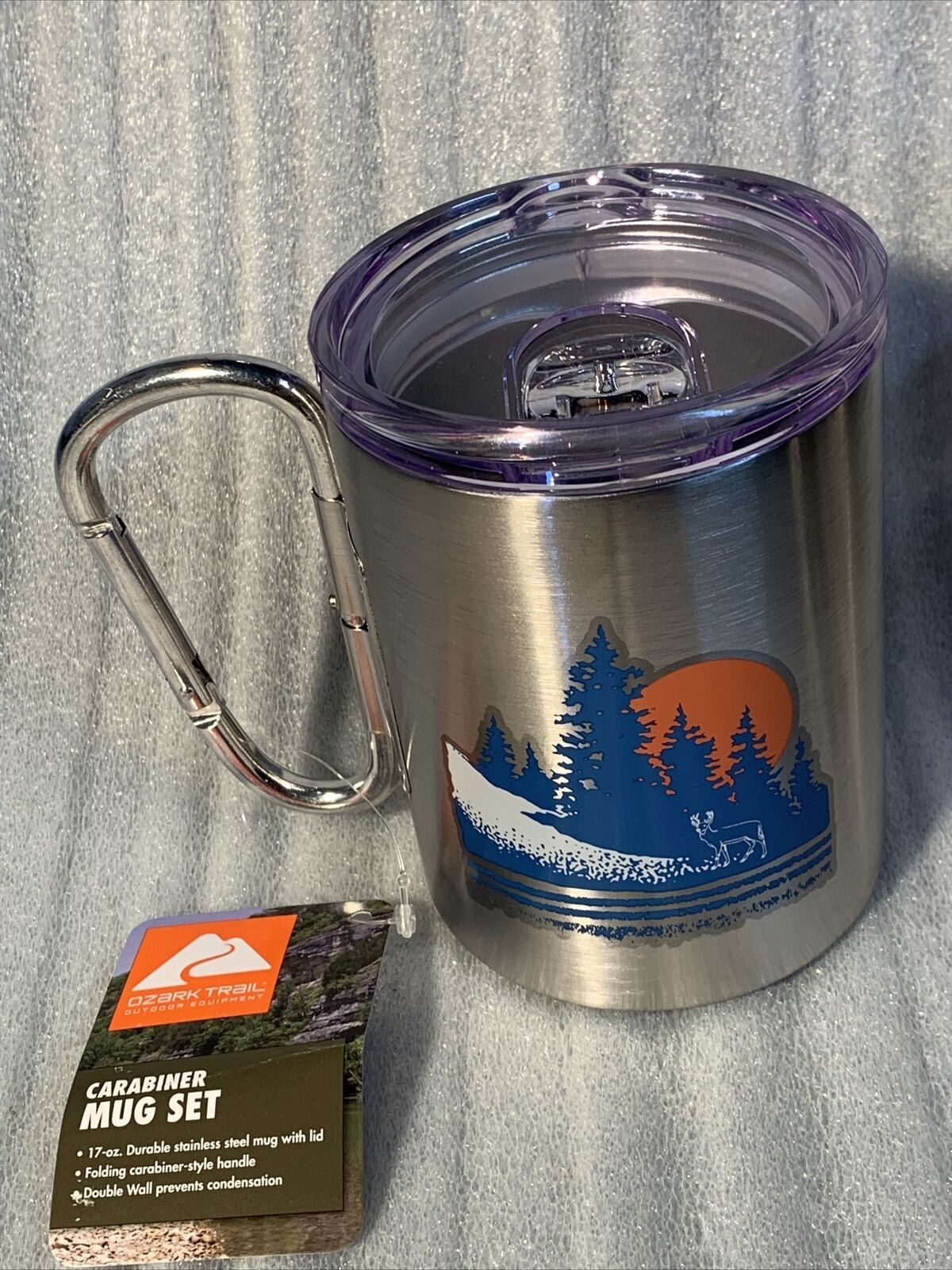 Ozark Trail Carabiner folding handle 17oz. Stainless Steel Mug & Lid DEER Woods - £7.82 GBP