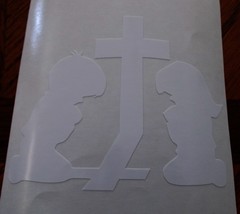 Boy and Girl at cross - Vinyl Sticker - 2.5 x 3.5 inches - Praying at cross - $3.95