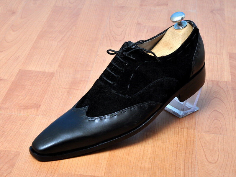 Men Black Color Wing Tip Plain Toe Handmade Genuine Suede Leather Shoes US 7-16