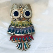 Estate Large Green Purple Red Enamel &amp; Goldtone Recticulated OWL Bird Pendant –  - £9.66 GBP