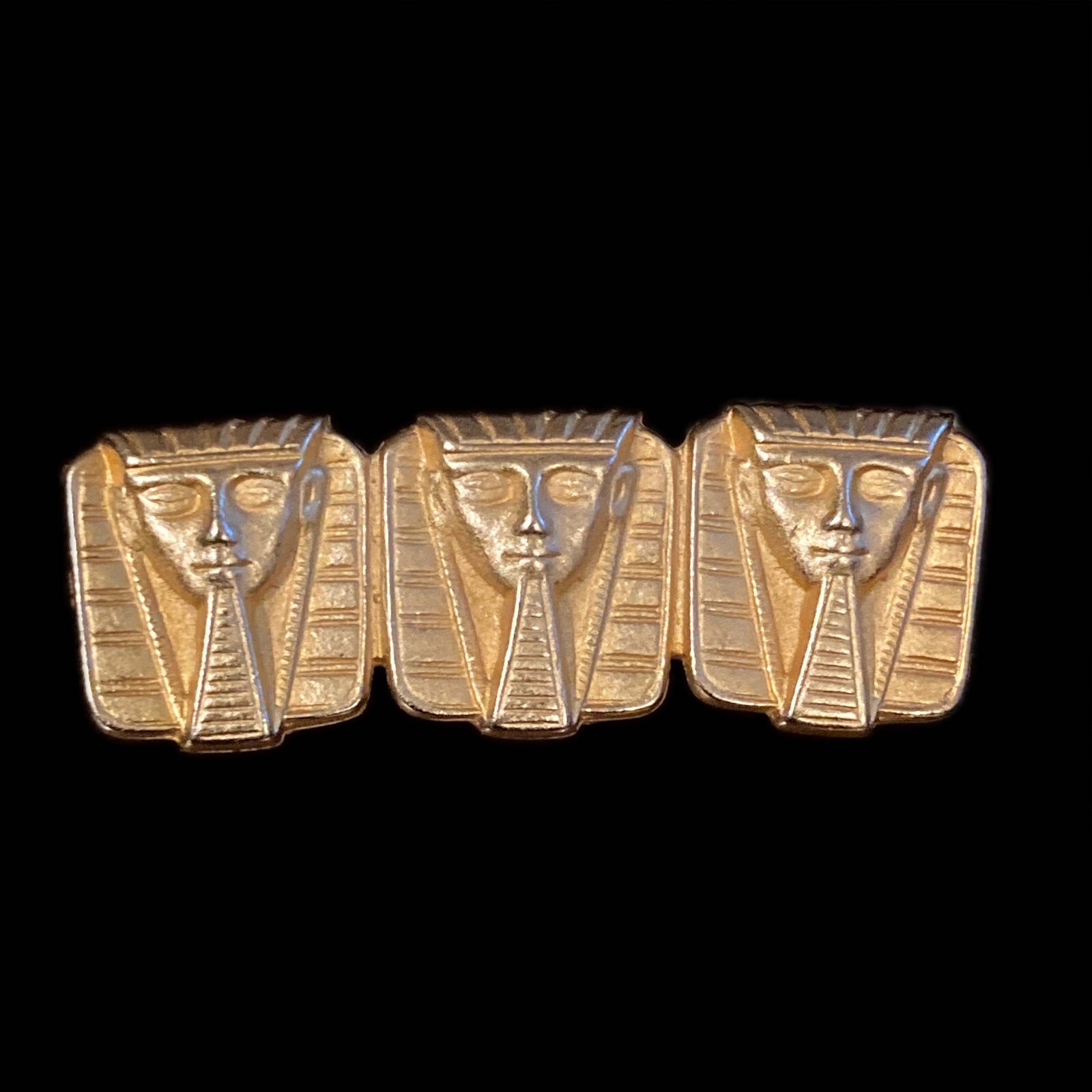 Vintage Egyptian Revival Brooch – Triple Pharaoh Faces, Gold-Tone Metal - $38.00