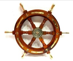 Ship Wheel Solid Wood 18 Inches Anchor &amp; Strips with Brass Handles Wall ... - £77.92 GBP