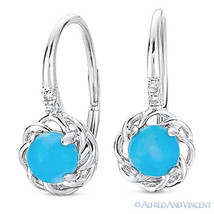 1.02 ct Cabochon Blue Turquoise &amp; Diamond 14k White Gold Leverback Drop Earrings - £295.47 GBP