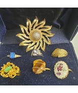 Vintage Gold Tone Sunflower Brooch 6 Pcs Costume Rings Lot Of 7 Jewelry Set - €17,45 EUR