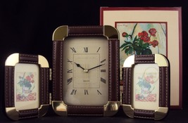Desk Clock w/Twin 2&quot;x3&quot; Photo Frames ~ CL-301 ~ Faux Leather &amp; Brass Casing - £15.57 GBP