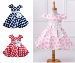 Little Girls Princess Dress Casual Puff Vintage Polka Dot Bow Skirt 1-10 Years - £14.59 GBP