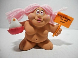 Russ Berrie Chubby NakedTroll "Save a Chicken" Yarn Hair Figure 3" Plastic Humor - $10.34
