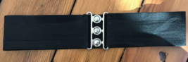 Vintage 90s Silvertone Chunky Black Elastic Stretch 3&quot; Wide Buckle Belt 30&quot; - £23.56 GBP