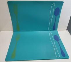 6 Set Vinyl Placemats Utensils Fork and Spoon Blue 12x18 - £16.23 GBP