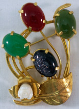 Multi Colored Gemstone Floral Brooch 2 Shades of Jade Red Blue Goldstone &amp; Coral - £20.74 GBP