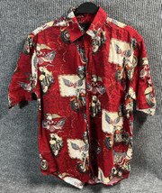 VTG Red Head Shirt Mens Medium Patriotic Flag Motorcycles Button Down Cotton Map - £15.25 GBP