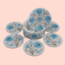 4&quot;x4&quot; Set of 6&quot; Turquoise Inlaid White Marble Coaster Set | Handmade - £215.98 GBP