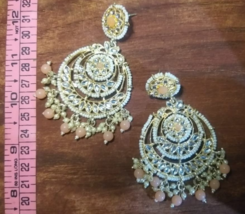 Indian Joharibazar GoldPlated Kundan Earring Jhumka Chandbali Jewelry Set Beige - £18.46 GBP