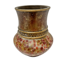 Vintage Crushed Glass and Etched Brass Flower Vase Red and Gold 4.25&quot; Tall - £12.48 GBP