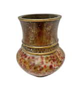 Vintage Crushed Glass and Etched Brass Flower Vase Red and Gold 4.25&quot; Tall - £12.47 GBP