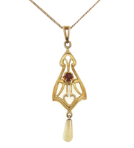 10k Yellow Gold Lavaliere with Freshwater Pearl and Paste Stone (#J6058) - £200.15 GBP