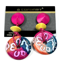 Vintage 80s Painted Colorful Beaded Dangle Statement Pierced Earrings 2.5&quot; - £14.68 GBP