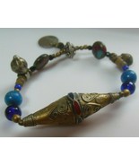 Vintage Trade Bead Stretch Bracelet Hand Cast Metal Bead with Enamel Inlay - $65.92 CAD