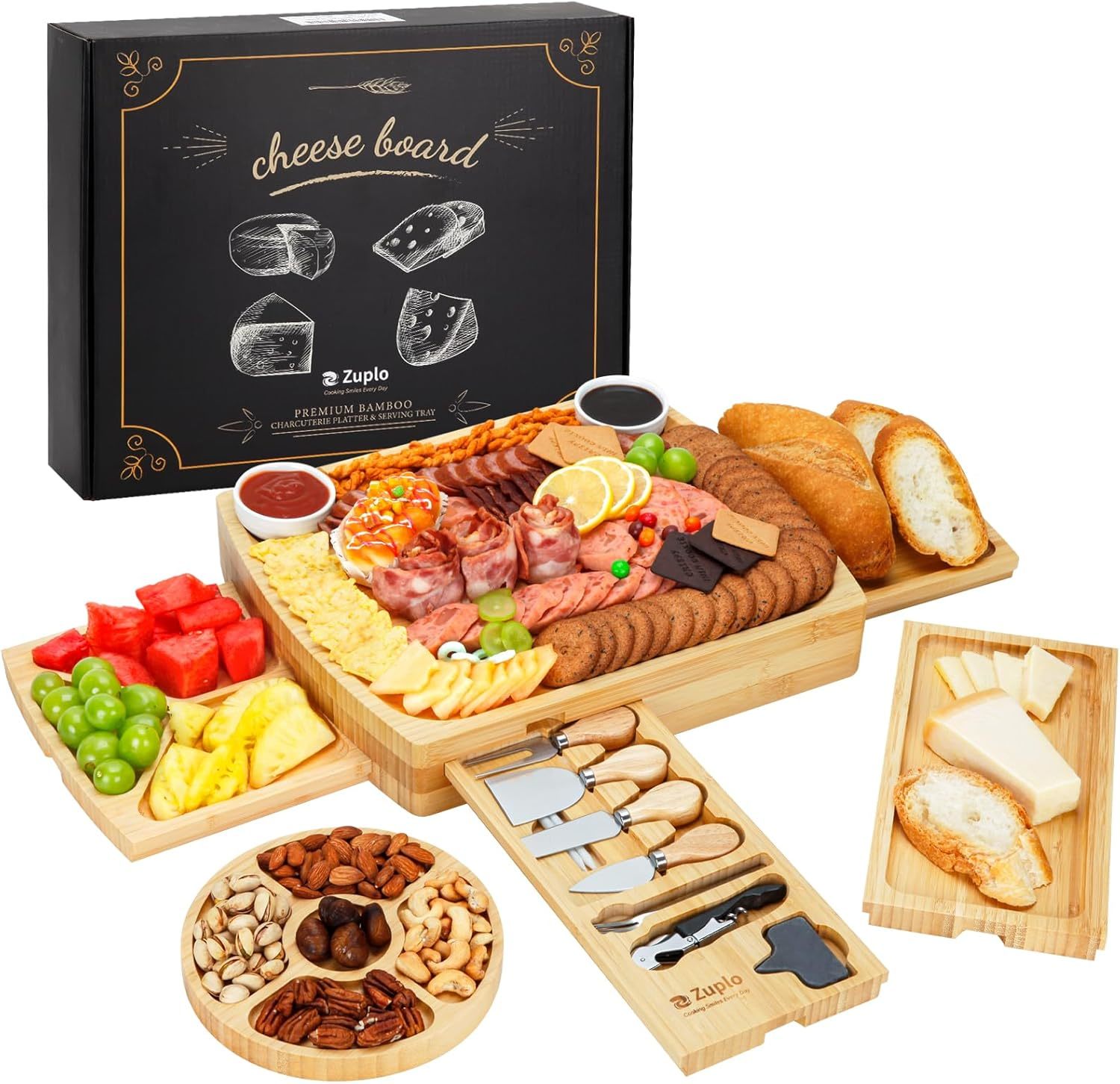 Large Charcuterie Board Gift Set - Bamboo Cheese Board And Knife Set: Wo... - $46.95