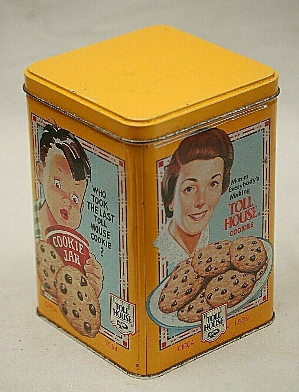 Primary image for Nestle Toll House Cookies Yellow Metal Tin Can 1939 1942 1954 Advertising Ads
