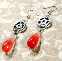 Earrings Jewelry Red Stone Teardrop Pendants + Silver Gears Upcycled Fashion - £8.30 GBP