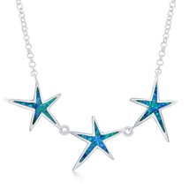 Sterling Silver Blue Inlay Opal Three Linked Starfish Necklace - £67.55 GBP