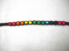 BLACK MACRAME w RAINBOW COLORS WOOD BEADS PINK BLUE GREEN TIE BRACELET O... - $91.40 MXN