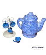 Vintage 1983 Enesco Miniature Coffee Tea Pot Blue 4 Mugs &amp; Holder Lot Do... - $19.62