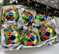 Set of 6 multicolor Christmas glass balls, hand painted ornaments with box - $71.25