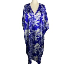 Vintage 90s Kaftan Caftan MuuMuu One Size Blue Silky Floral V Neck Maxi ... - £37.06 GBP